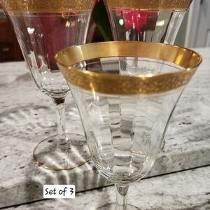 3 Tiffin Franciscan MINTON Gold Rim Etched Rambler Rose Goblet Wtr/Wine Goblets